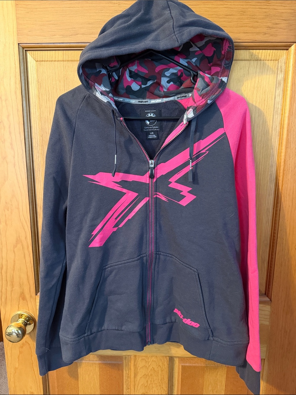 Ski-doo Women’s Dark Gray and Pink Zip-Up Hoodie with Graphic